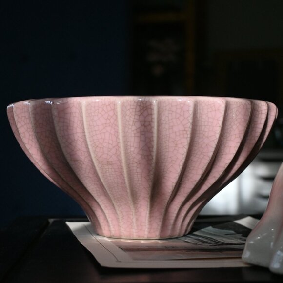 VTG Formalities Baum Brothers Fluted Crackle Collection Pink Vase Bowl - Picture 9 of 10